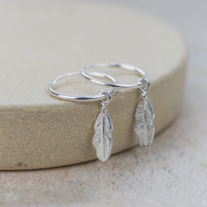 Sterling Silver Feather Charm Hoops